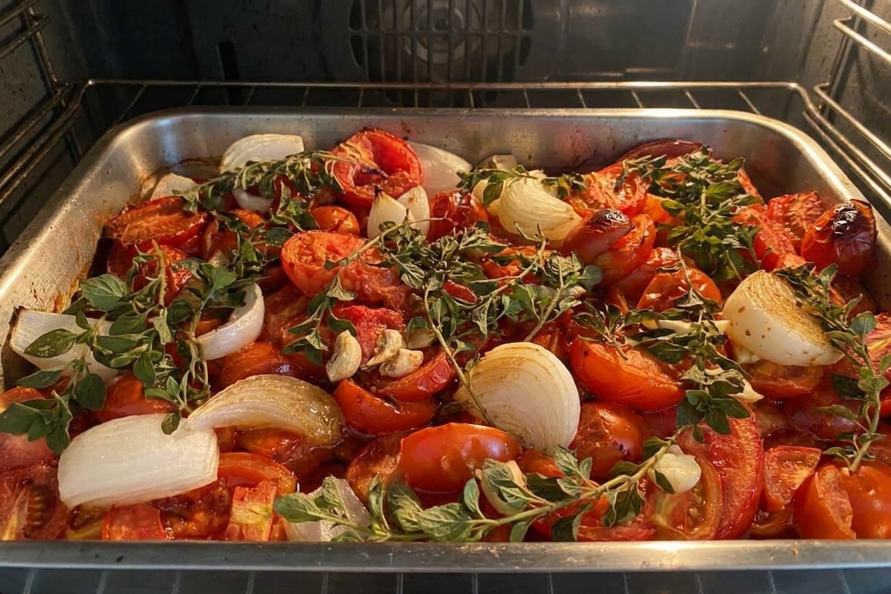 A baking sheet of tomatoes, onion, and garlic roasting in the oven with caramelized edges and bubbling juices