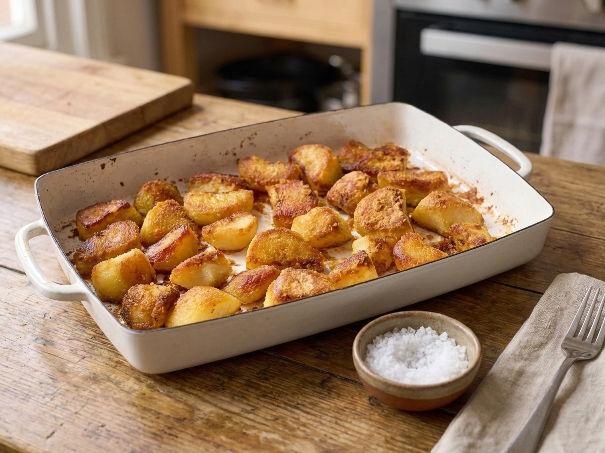A baking sheet piled with golden-brown crispy roast potato chunks with rough, craggy edges, served on a wooden table with a small bowl of flaky salt