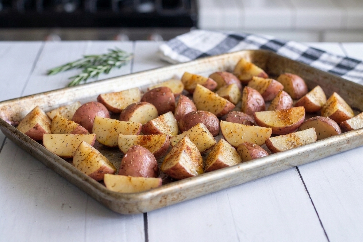 A baking sheet piled with golden oven roasted red potatoes with crisp edges, speckled with herbs, on a warm-toned kitchen counter