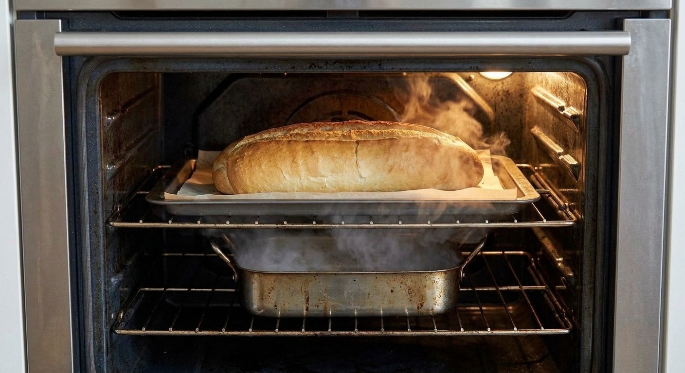 A baking sheet with Cuban bread on the center rack of an oven with a small metal pan on the lower rack releasing steam