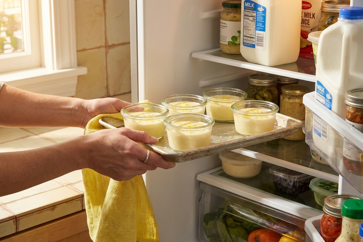 A baking sheet with filled ramekins of lemon posset being placed onto a refrigerator shelf in a home kitchen