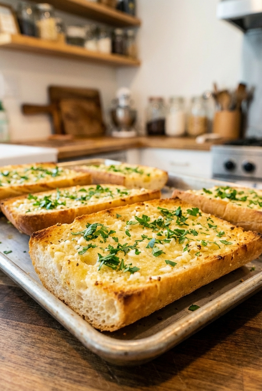 A baking sheet with golden garlic bread slices topped with parsley