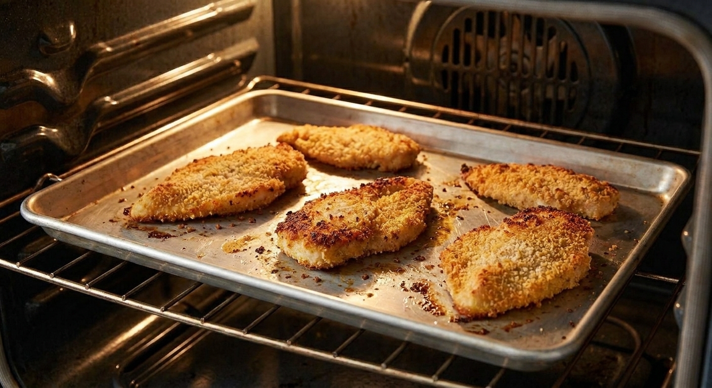 A baking sheet with leftover breaded chicken cutlets reheating in an oven, showing crisp edges returning
