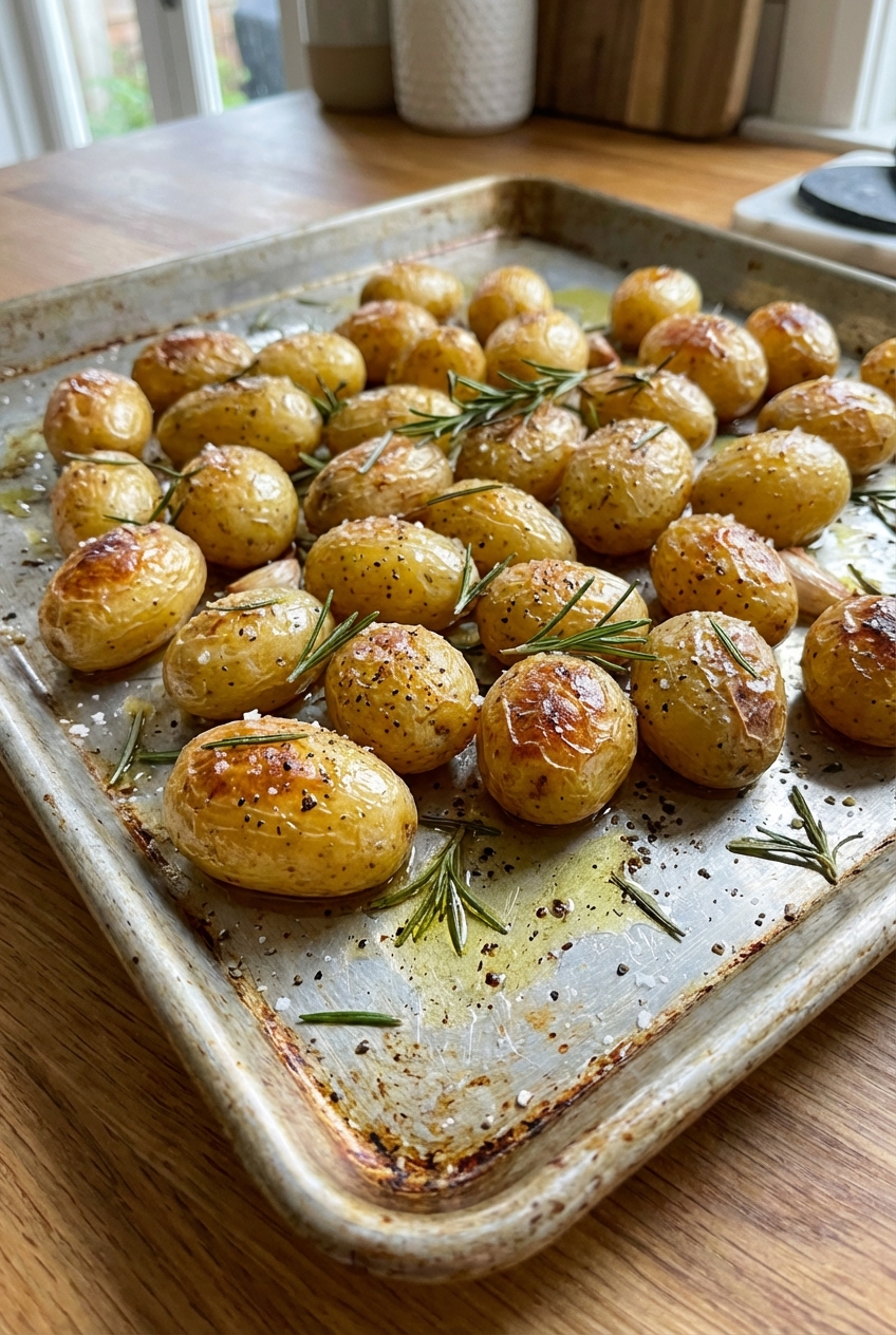 A baking sheet with roasted baby potatoes and rosemary
