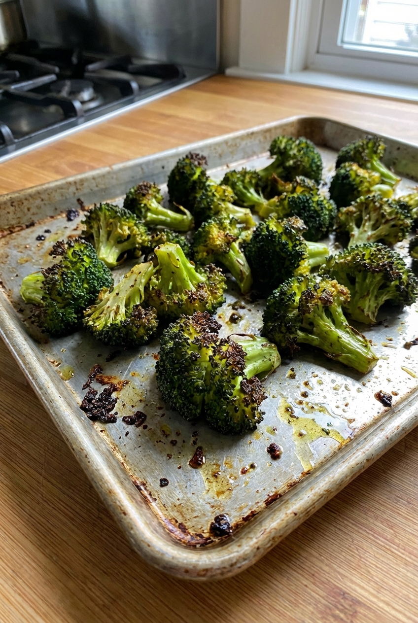 A baking sheet with roasted broccoli florets and browned edges