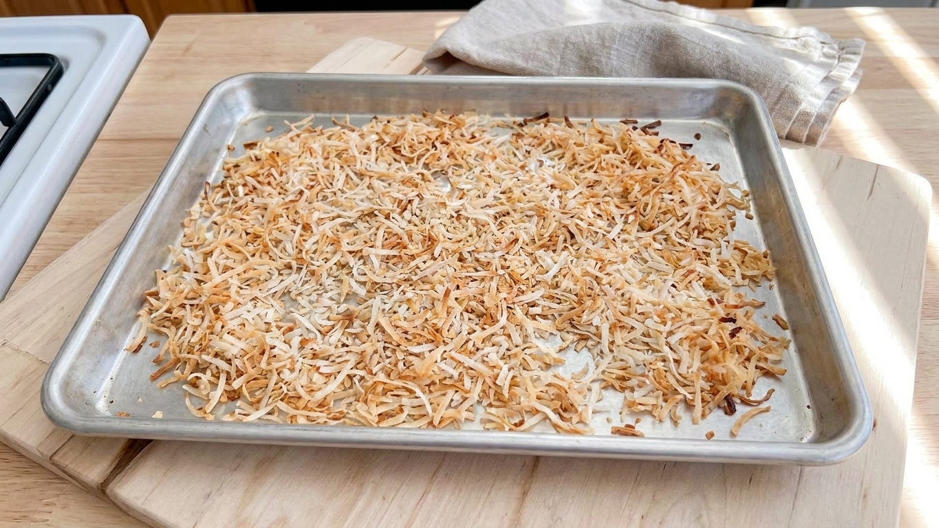 A baking sheet with shredded coconut spread in an even layer, lightly browned and toasty, sitting on a kitchen counter