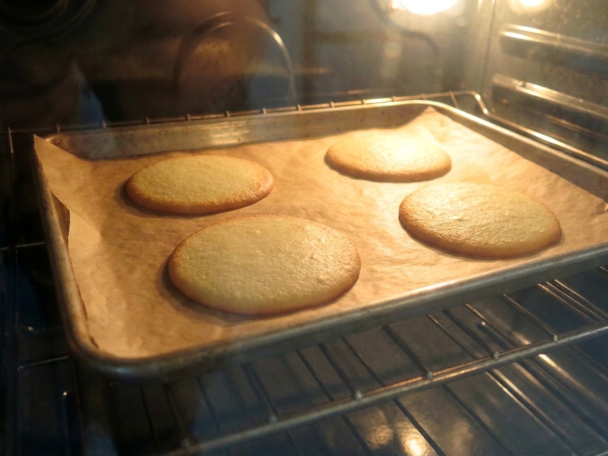 A baking sheet with thin cookie rounds baking in an oven, edges turning lightly golden