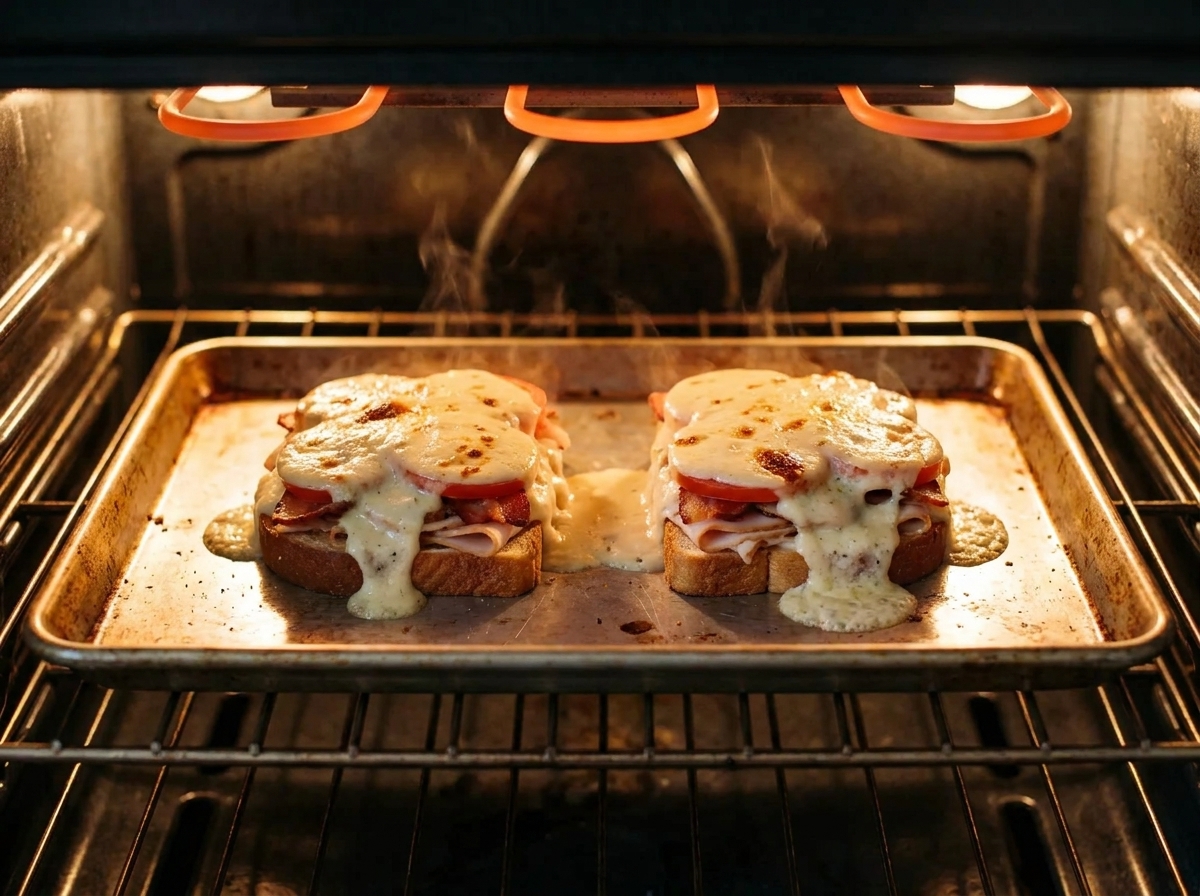 A baking sheet with two assembled Hot Browns on toast covered in pale Mornay sauce, placed under an oven broiler with the sauce just starting to bubble