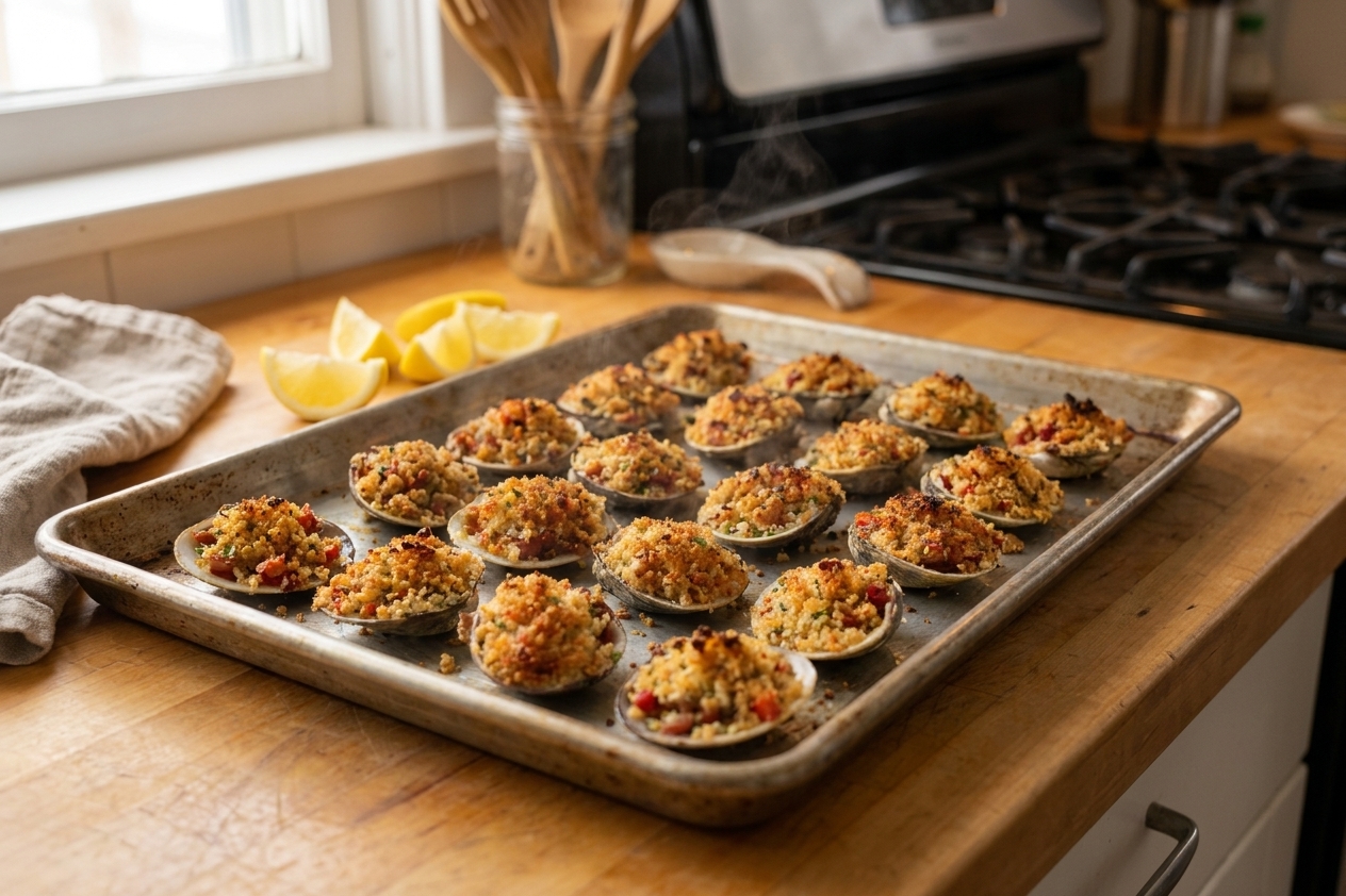 A baking tray of clams casino with golden breadcrumbs and crispy bacon on a warm kitchen counter, with lemon wedges nearby