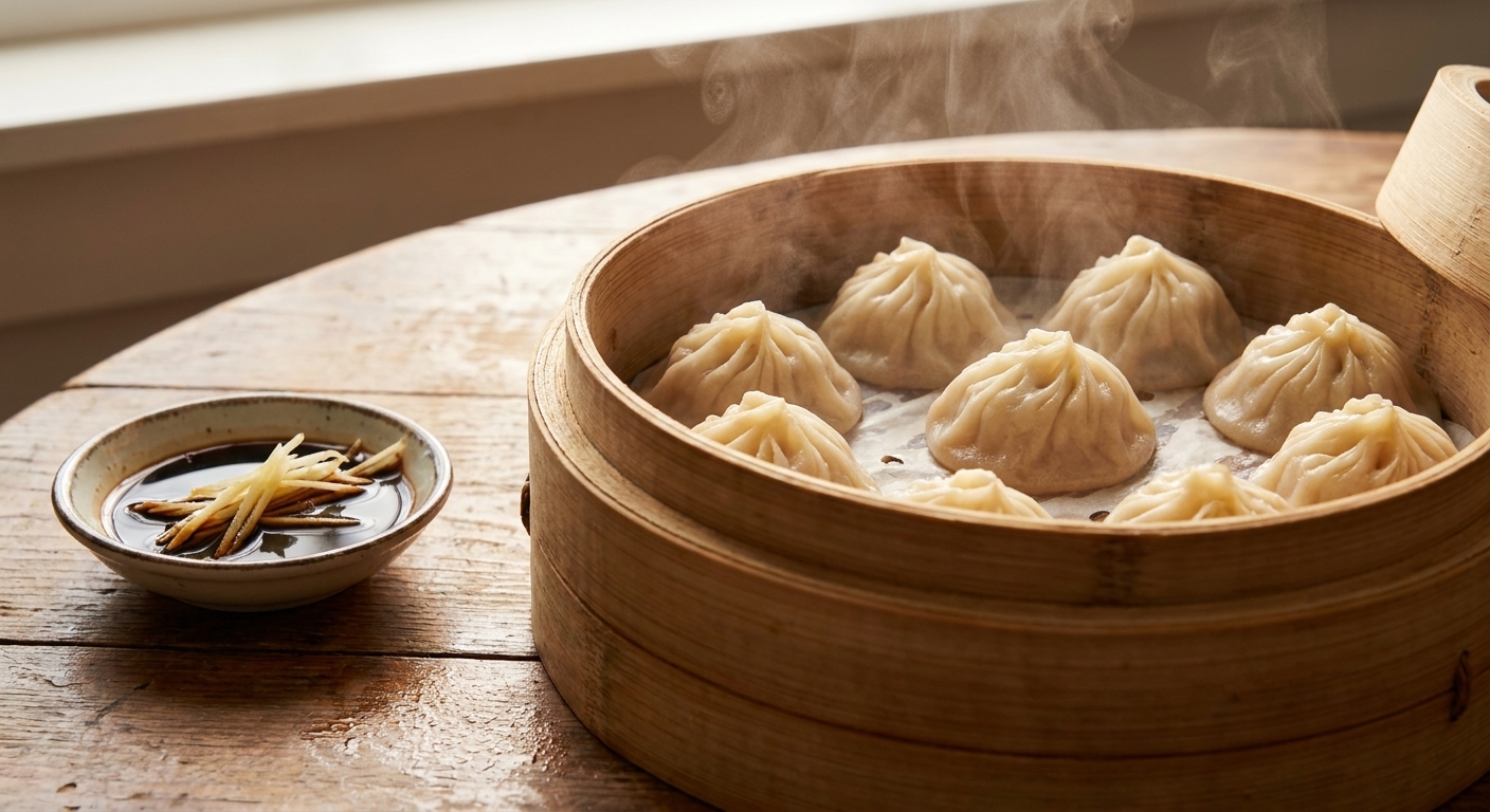 A bamboo steamer basket filled with freshly steamed xiaolongbao soup dumplings, pleats visible, with a small dish of black vinegar and ginger on the side, warm kitchen light, real food photography