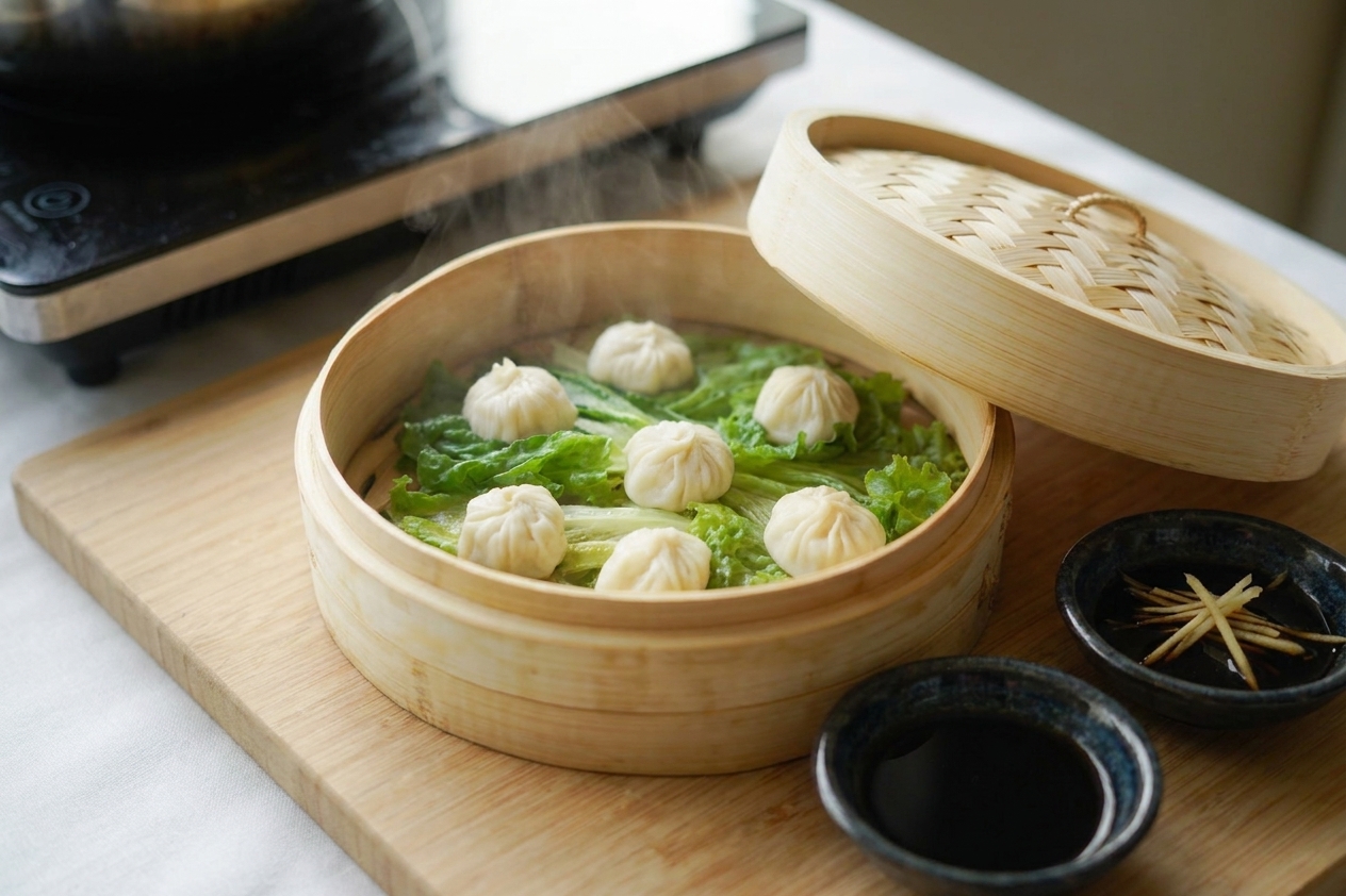 A bamboo steamer basket filled with freshly steamed xiao long bao soup dumplings on a wooden table, with small bowls of black vinegar and sliced ginger nearby
