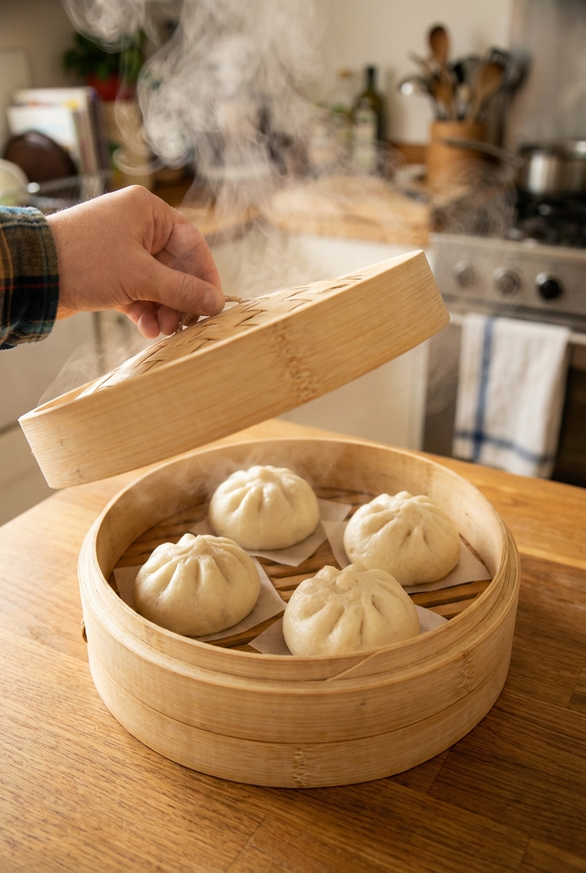 A bamboo steamer basket with several steamed buns resting on parchment squares, steam rising as the lid is lifted