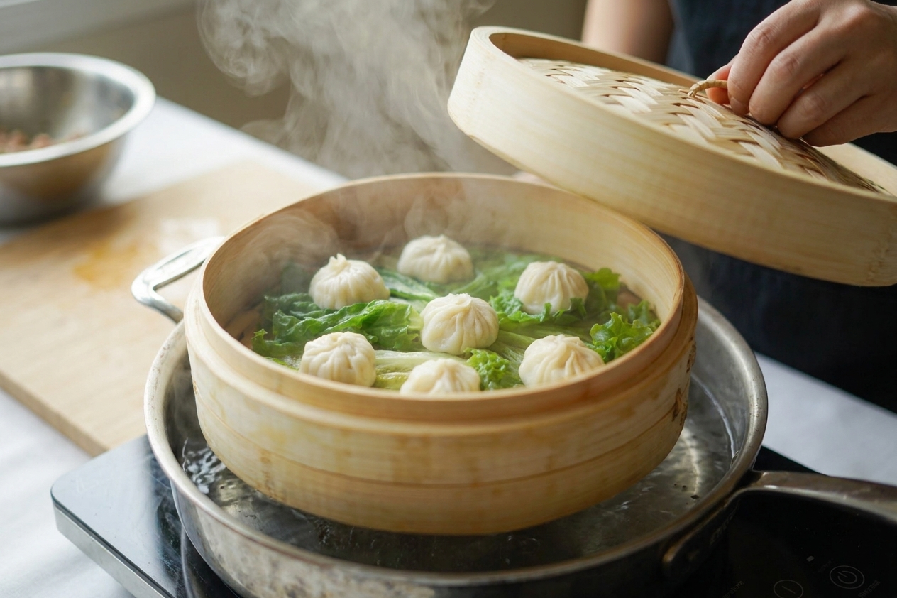 A bamboo steamer set over a pot of simmering water on a stovetop, steam rising as soup dumplings cook inside