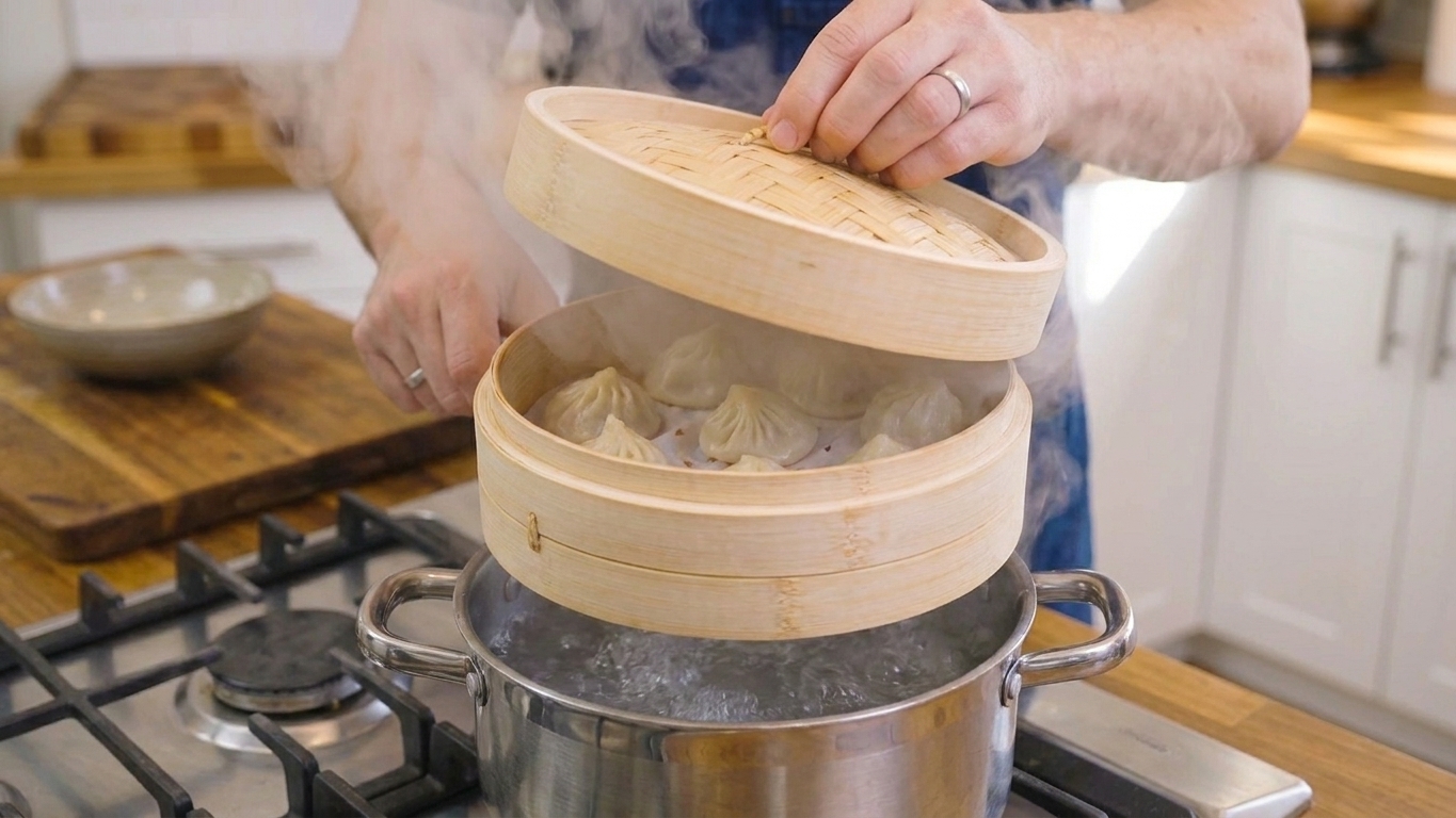A bamboo steamer sitting over a pot of boiling water on a stovetop with steam escaping as the lid is lifted.