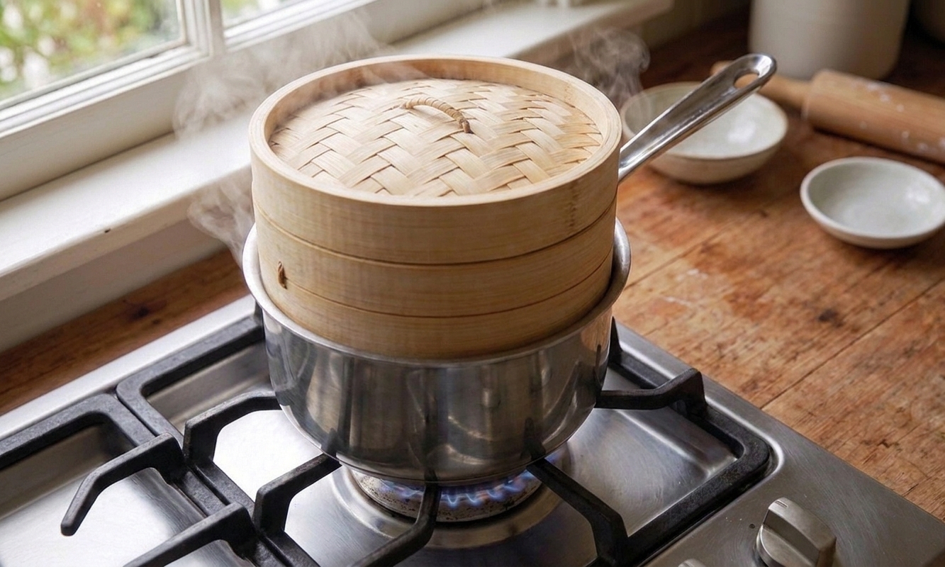 A bamboo steamer stacked over a simmering pot on a stovetop with steam escaping slightly around the lid