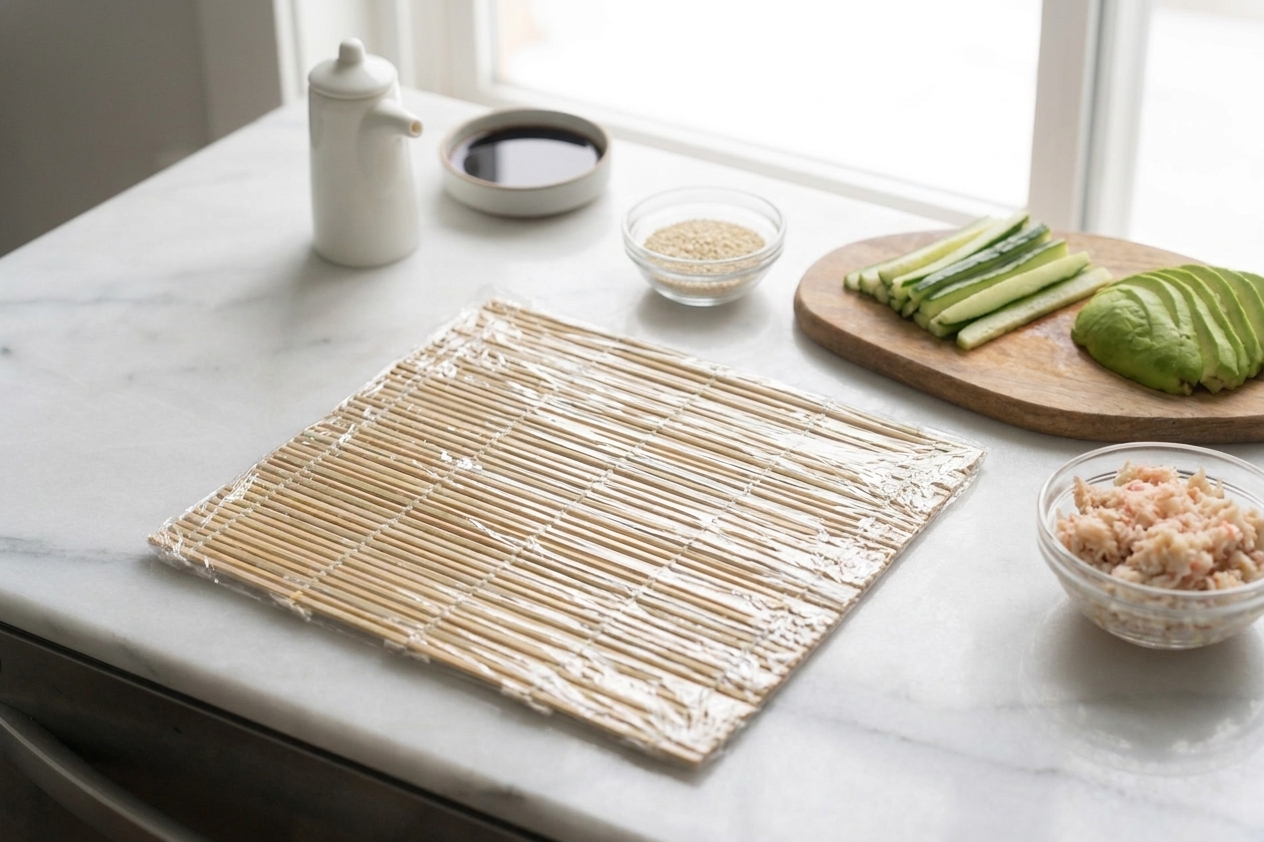A bamboo sushi mat covered in plastic wrap beside bowls of sesame seeds, cucumber matchsticks, avocado slices, and crab filling on a kitchen counter