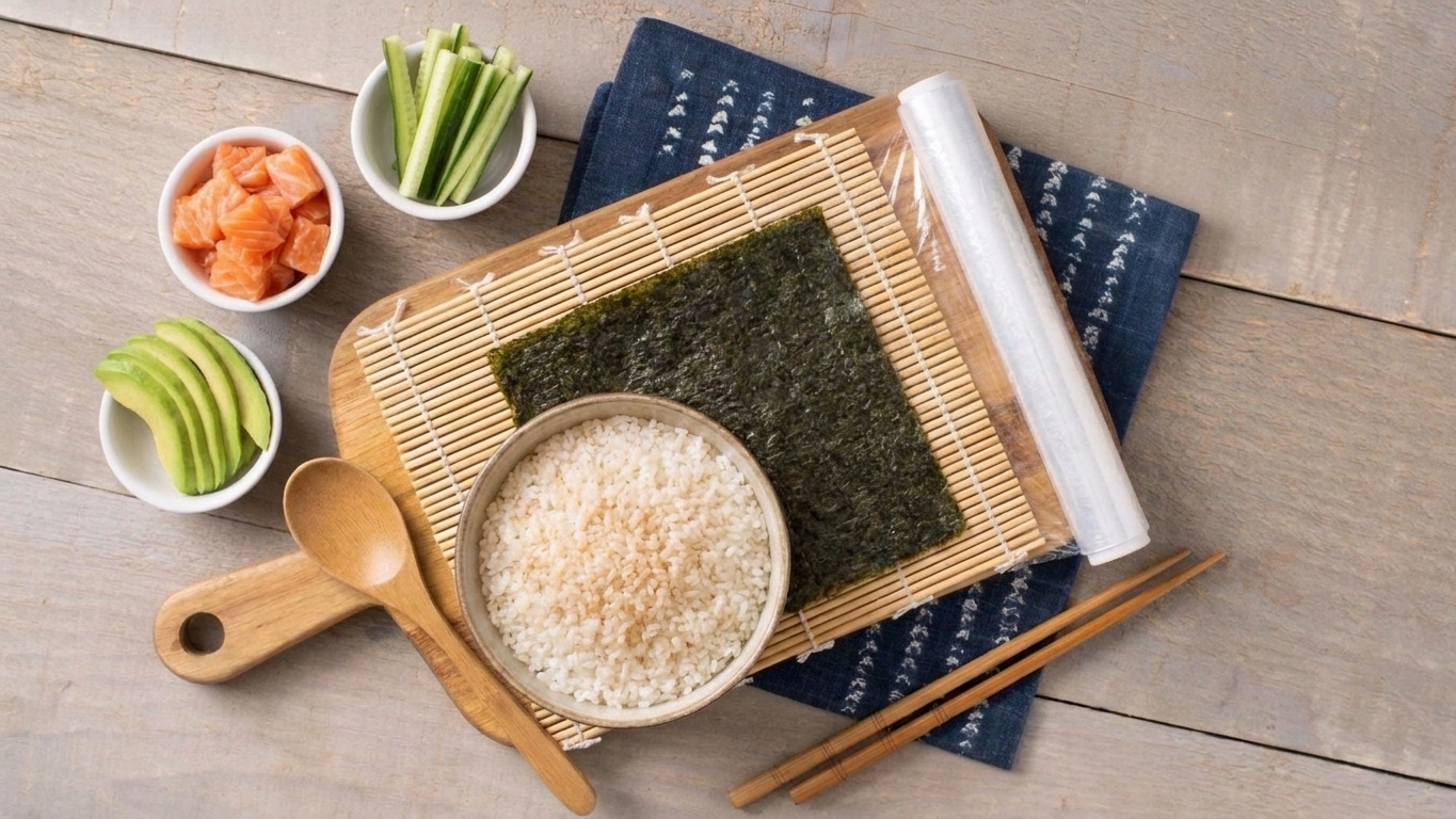 A bamboo sushi mat on a kitchen counter with plastic wrap, a half sheet of nori, a bowl of sushi rice, and small bowls of fillings ready to roll