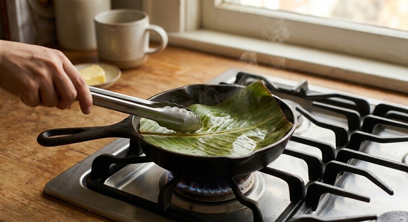 A banana leaf being warmed in a dry skillet on a stovetop until pliable, with a pair of kitchen tongs