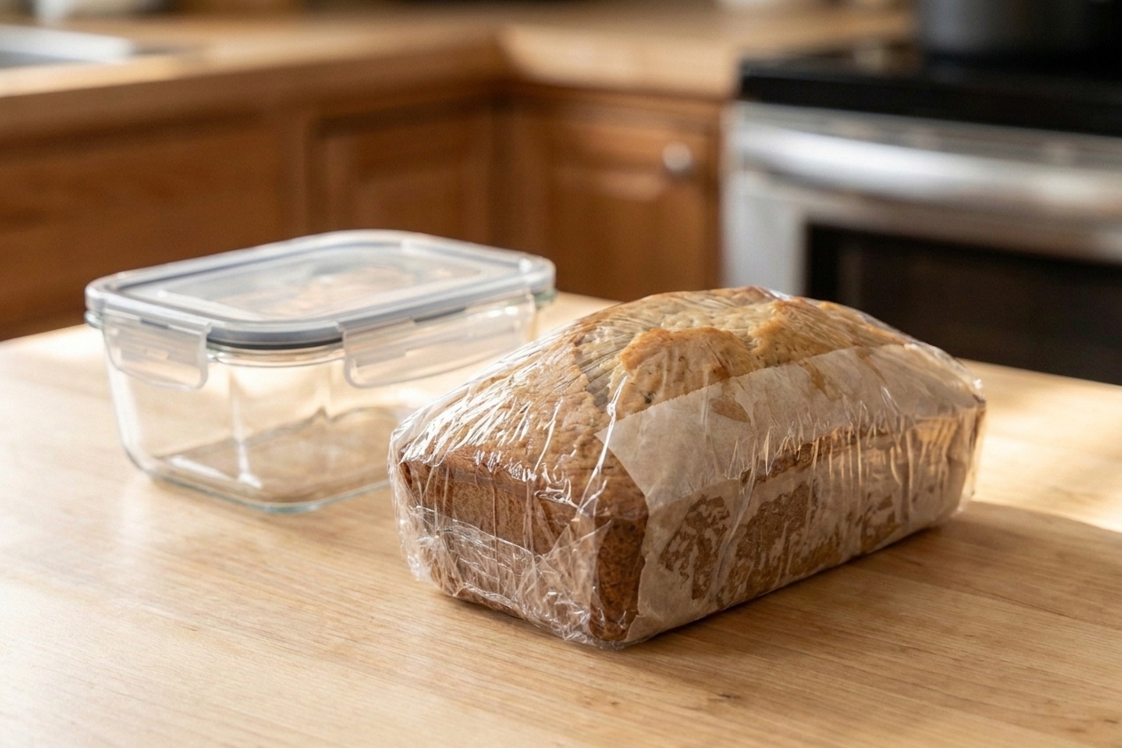 A banana loaf wrapped tightly in parchment and plastic wrap on a kitchen counter next to an airtight container