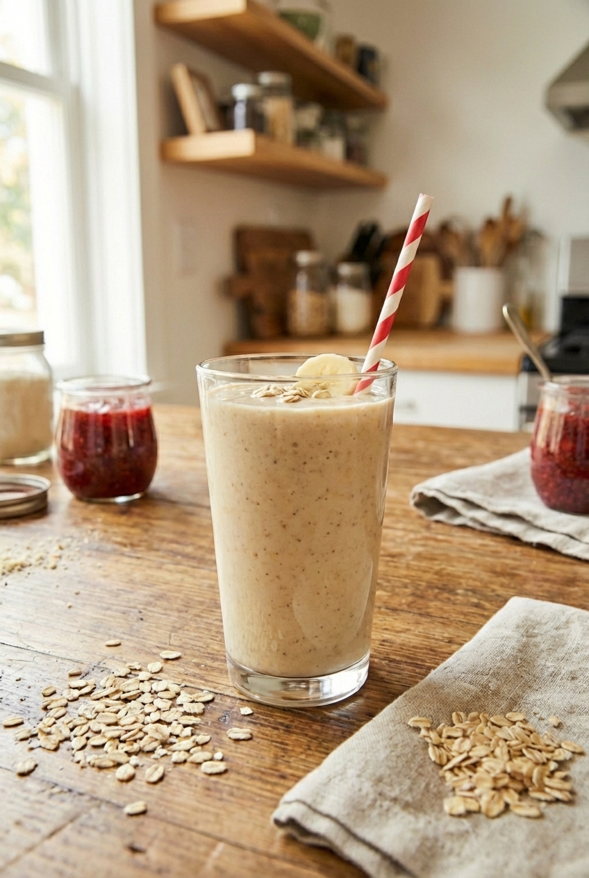 A banana oat smoothie in a glass with a striped straw on a kitchen counter