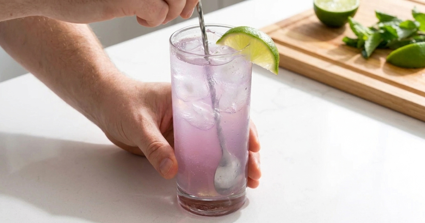 A bar spoon gently stirring a pale purple Transfusion cocktail with ice in a tall glass on a bright kitchen counter