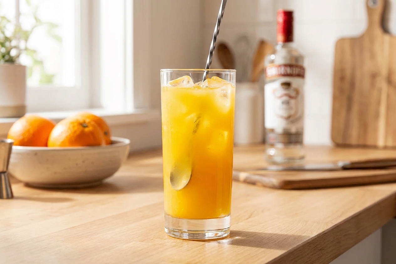 A bar spoon stirring a bright orange Screwdriver cocktail in an ice-filled glass on a tidy kitchen counter with soft natural light