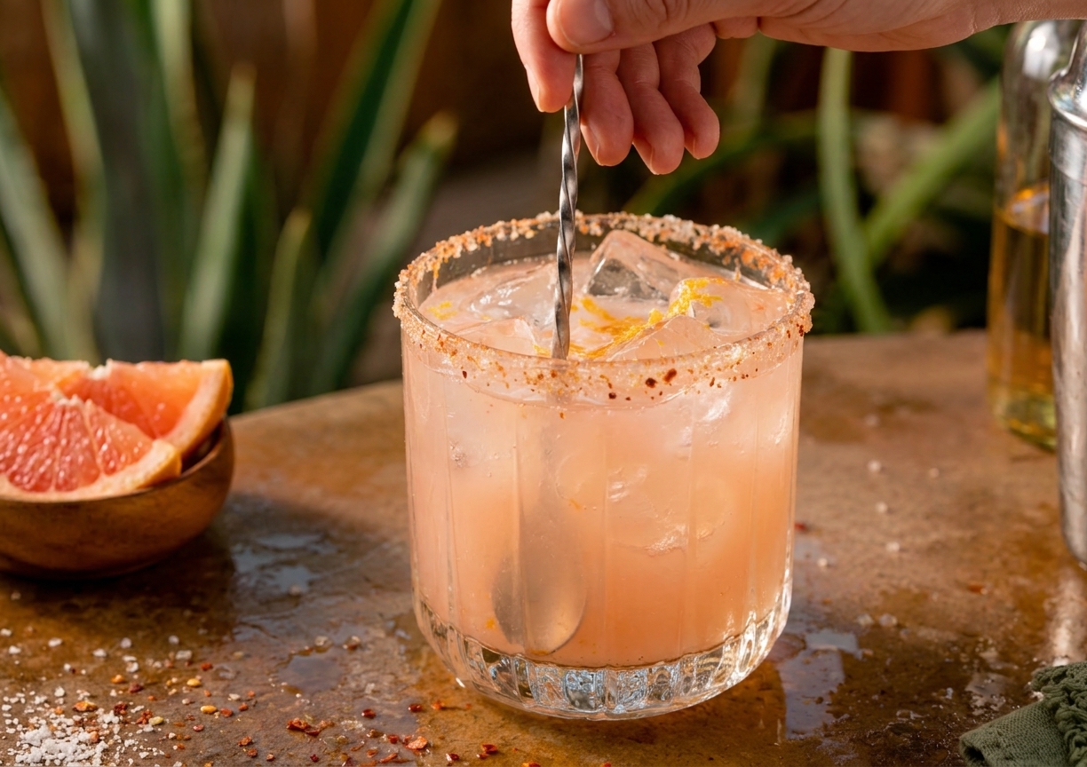A bar spoon stirring a pale pink paloma with ice in a chili salt rimmed glass