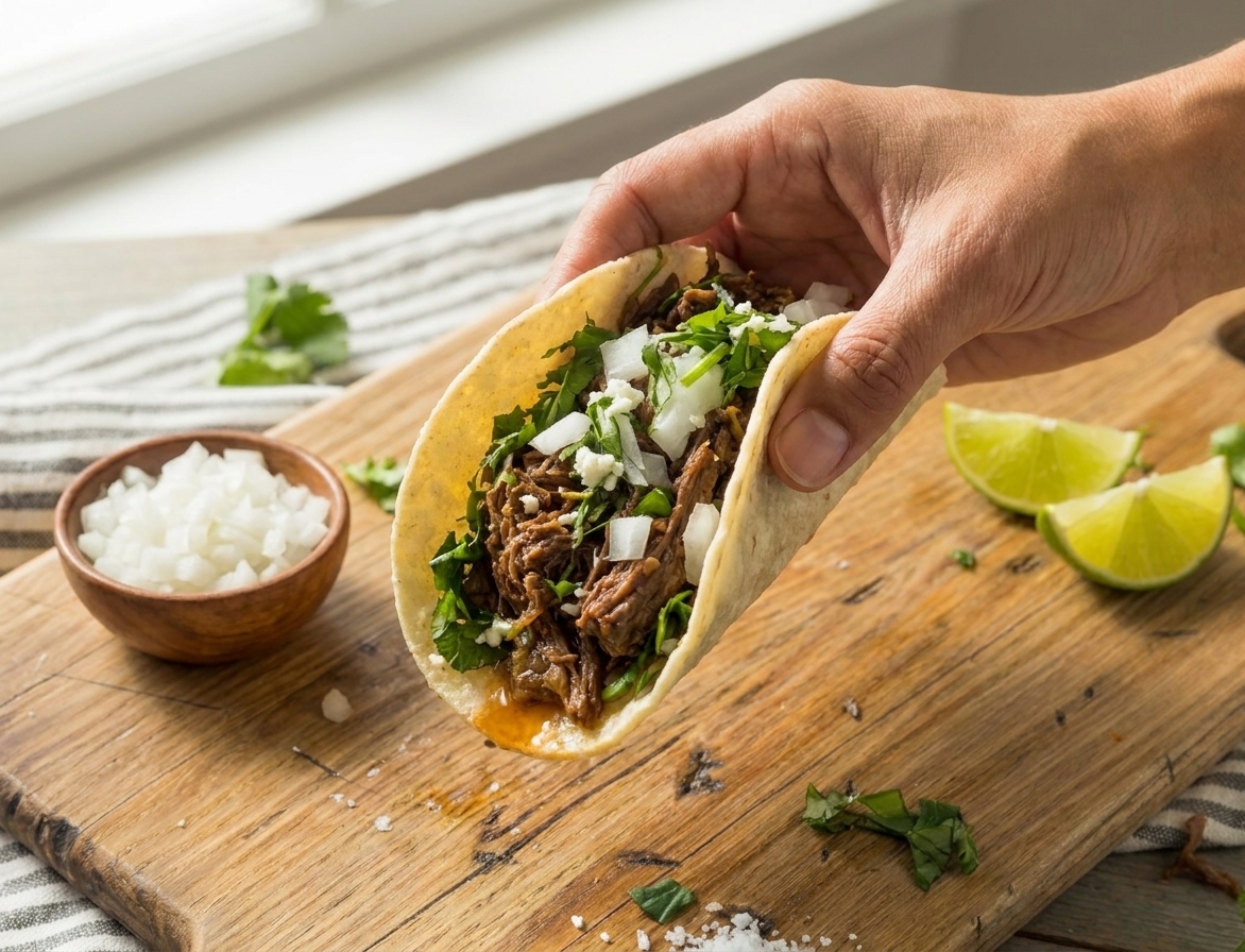 A barbacoa taco in a corn tortilla topped with chopped onion and cilantro