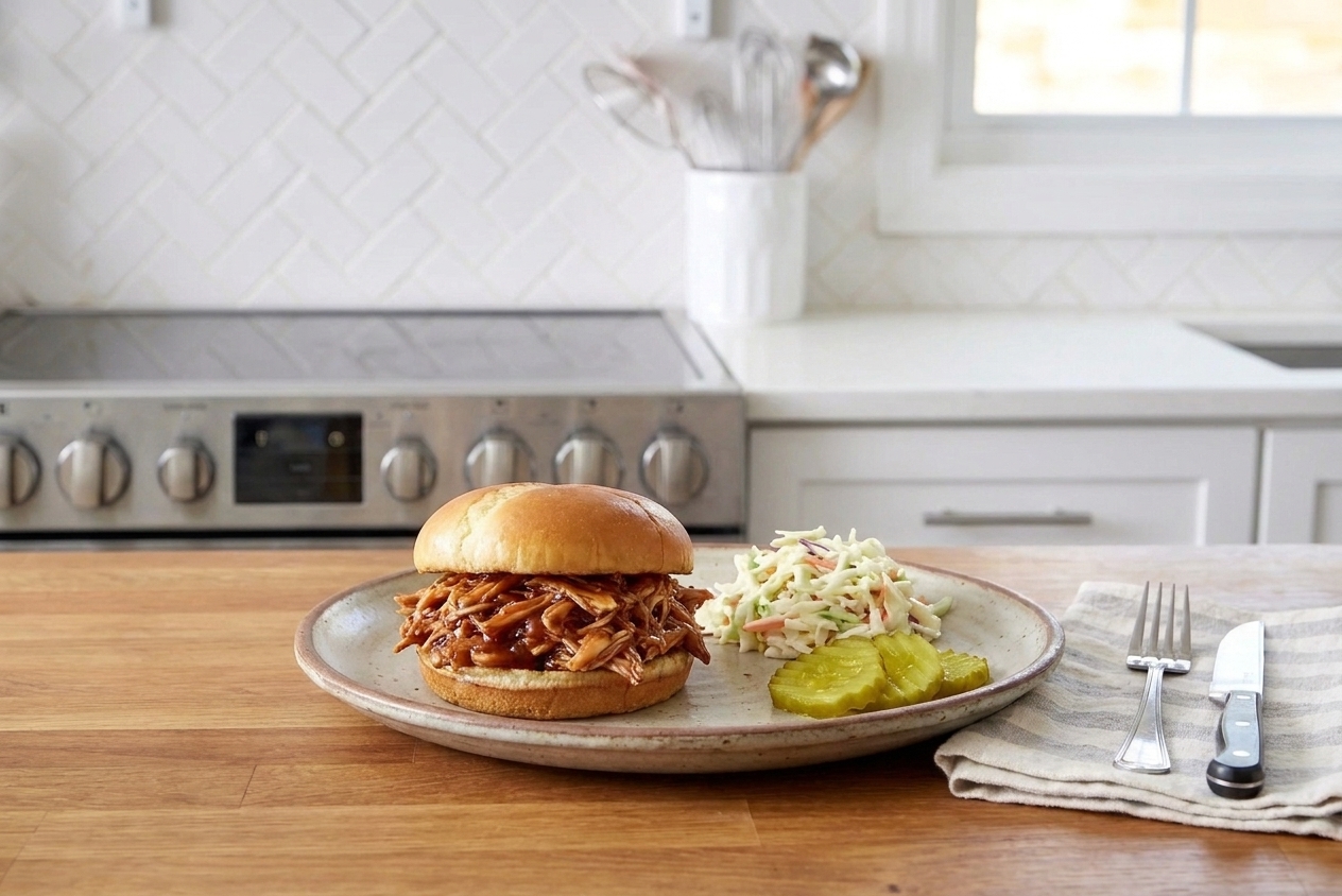 A barbecue chicken sandwich on a plate with pickles and a small pile of coleslaw beside it