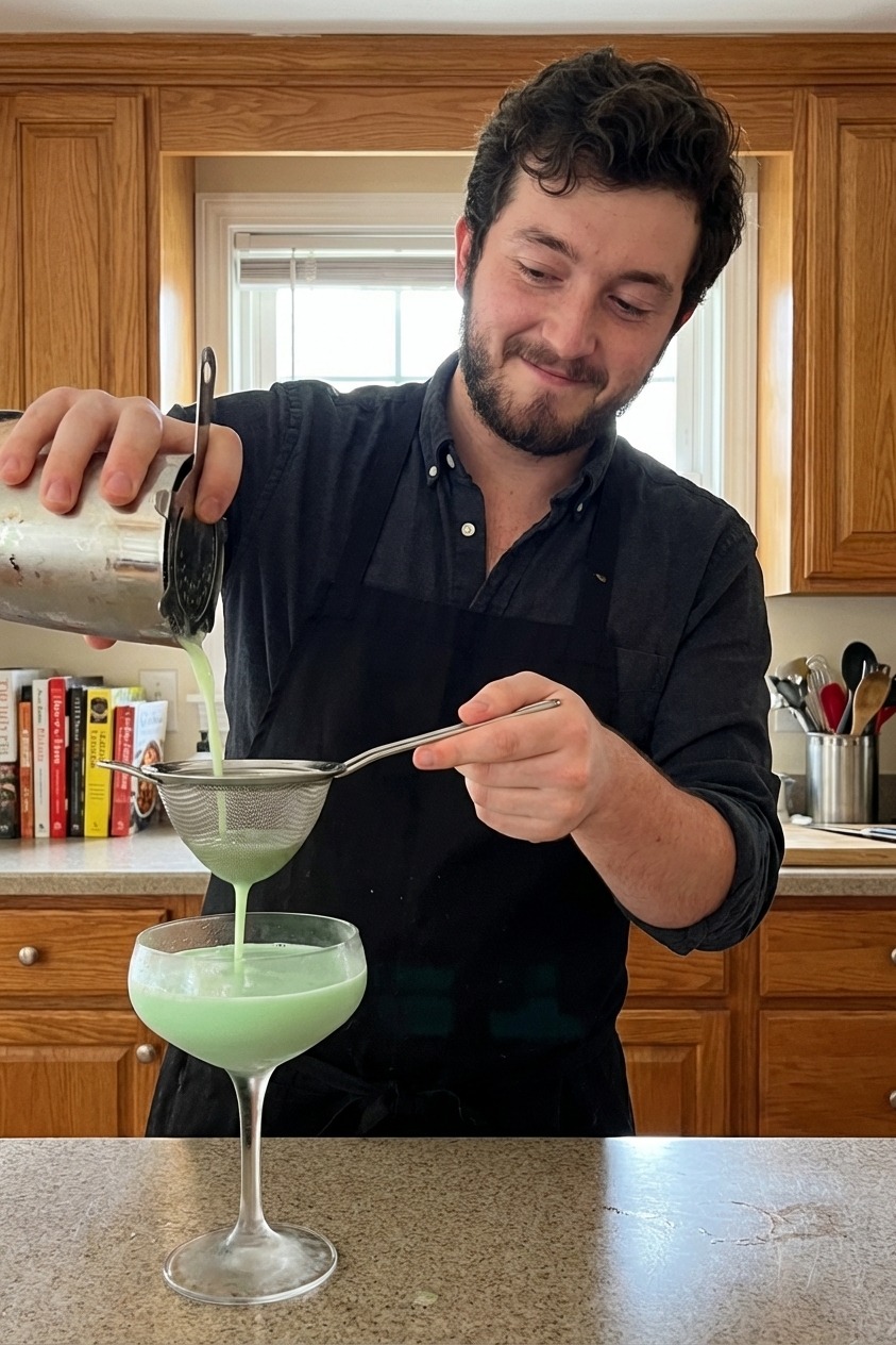 A bartender hand straining a pale green Grasshopper cocktail through a fine mesh strainer into a chilled coupe glass on a kitchen counter, real photography