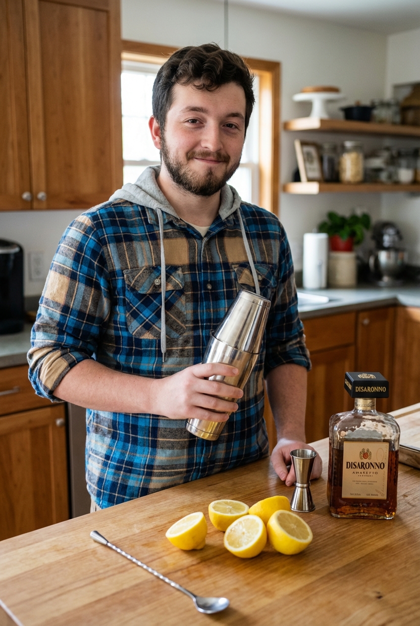 A bartender-style cocktail shaker, lemon halves, and a bottle of amaretto on a kitchen counter