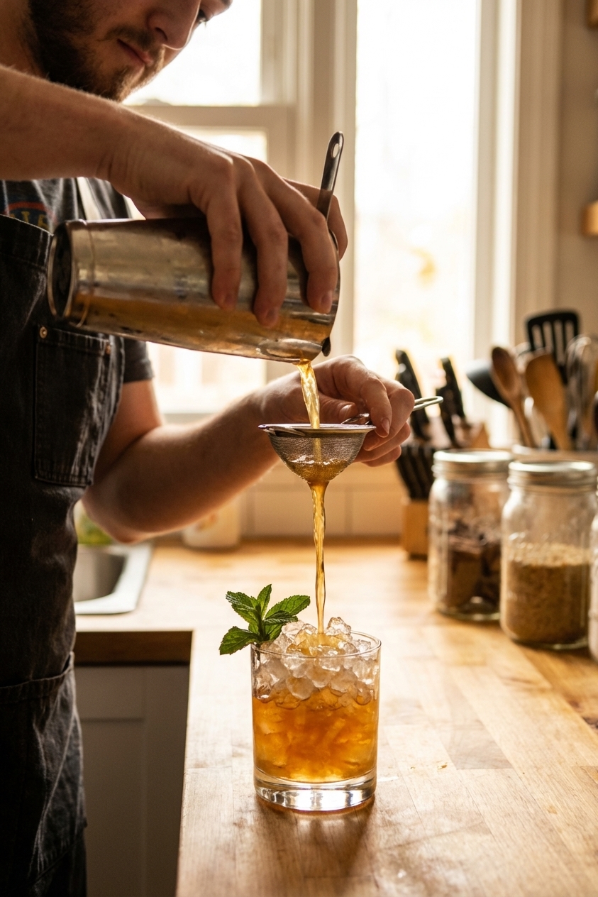 A bartender-style hand straining a freshly shaken Mai Tai from a metal shaker into a rocks glass packed with crushed ice, warm kitchen lighting, realistic action photo