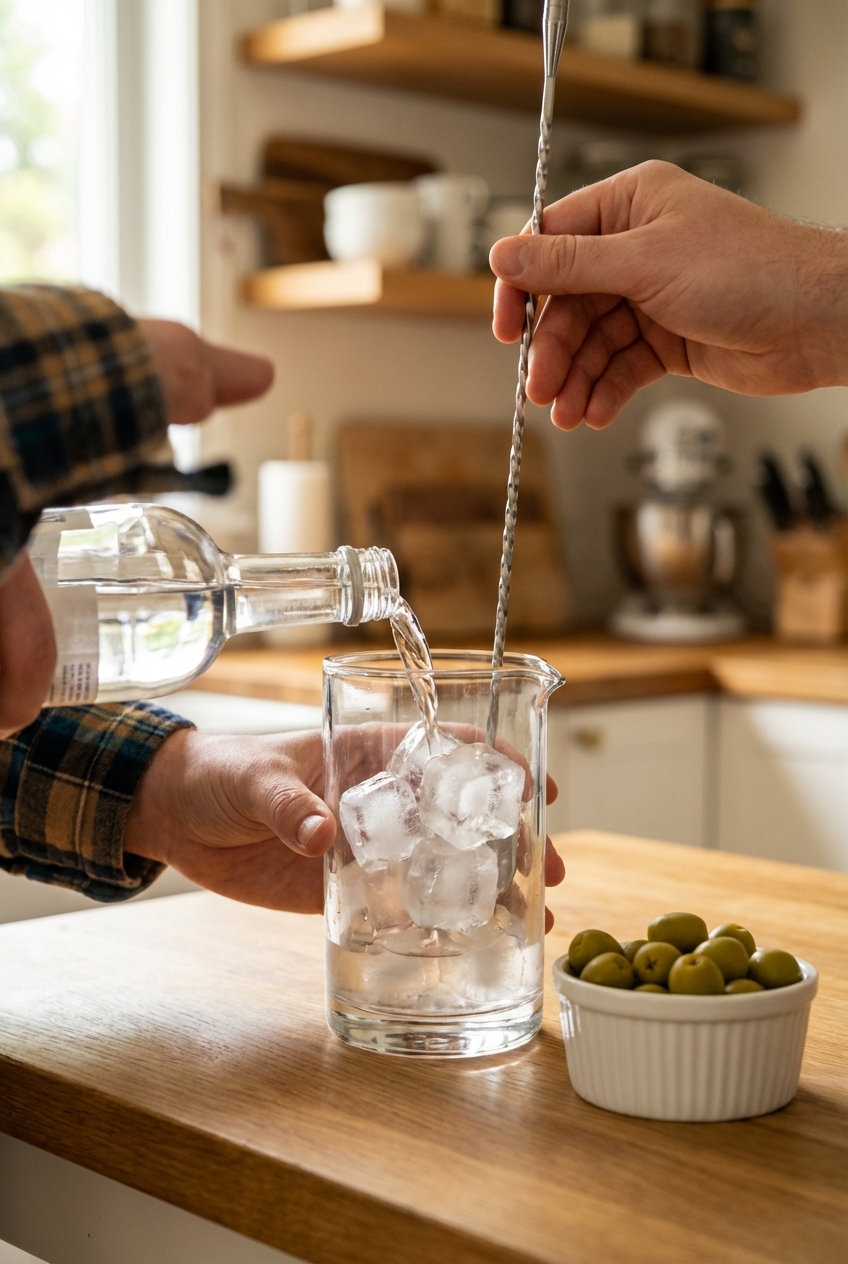 A bartender-style mixing glass filled with ice, vodka being poured in, and a bar spoon stirring beside a small bowl of green olives on a kitchen counter