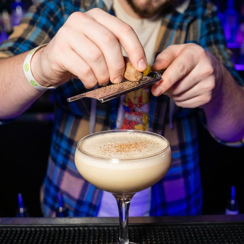 A bartender's hands grating whole nutmeg over a creamy cocktail in a coupe glass