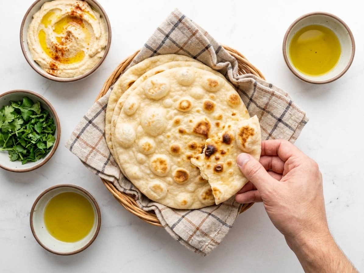A basket lined with a cloth napkin holding warm flatbreads on a dinner table set with small bowls of hummus and chopped herbs