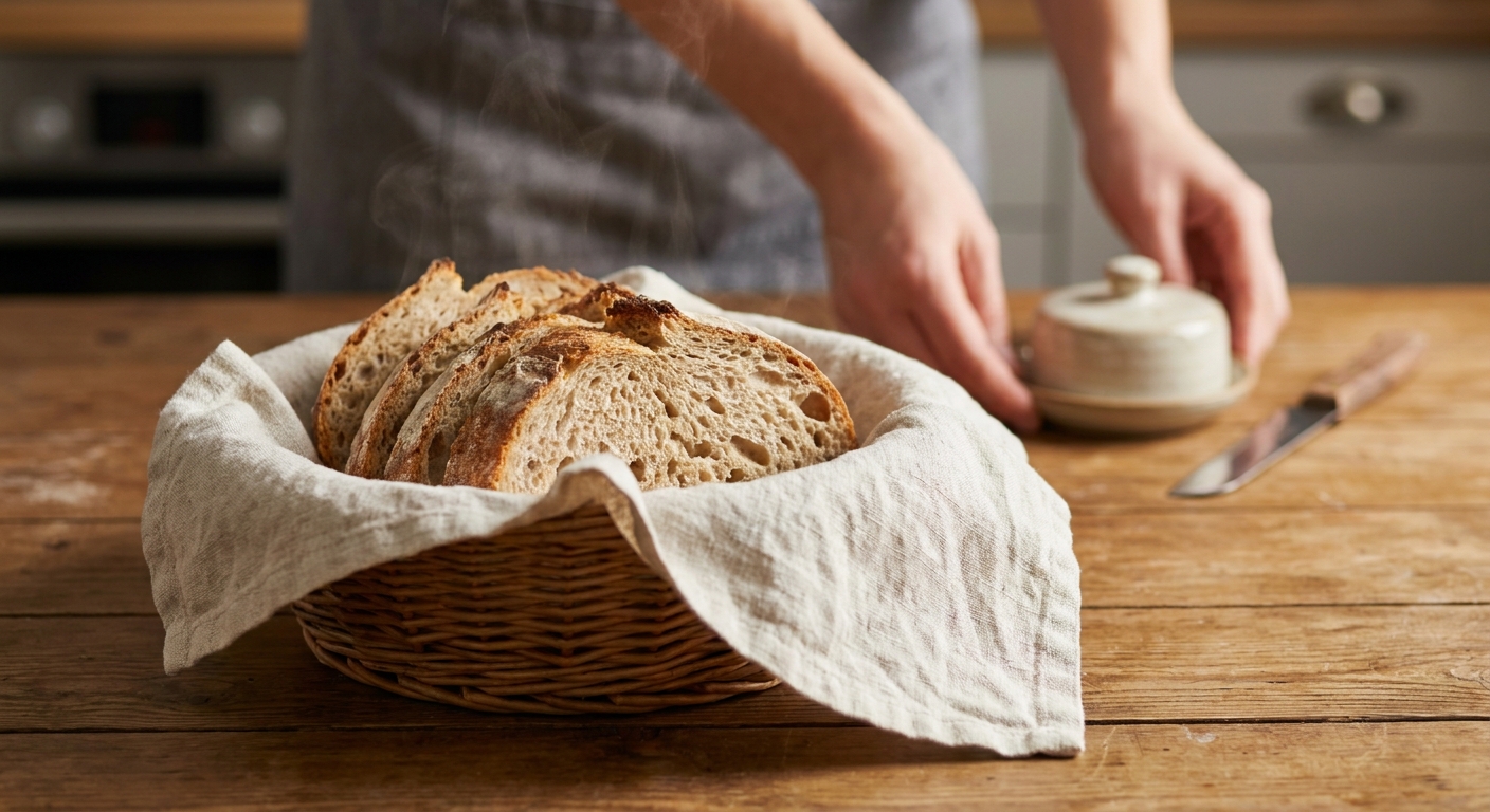 A basket lined with a linen napkin holding sliced warm sourdough bread on a dining table
