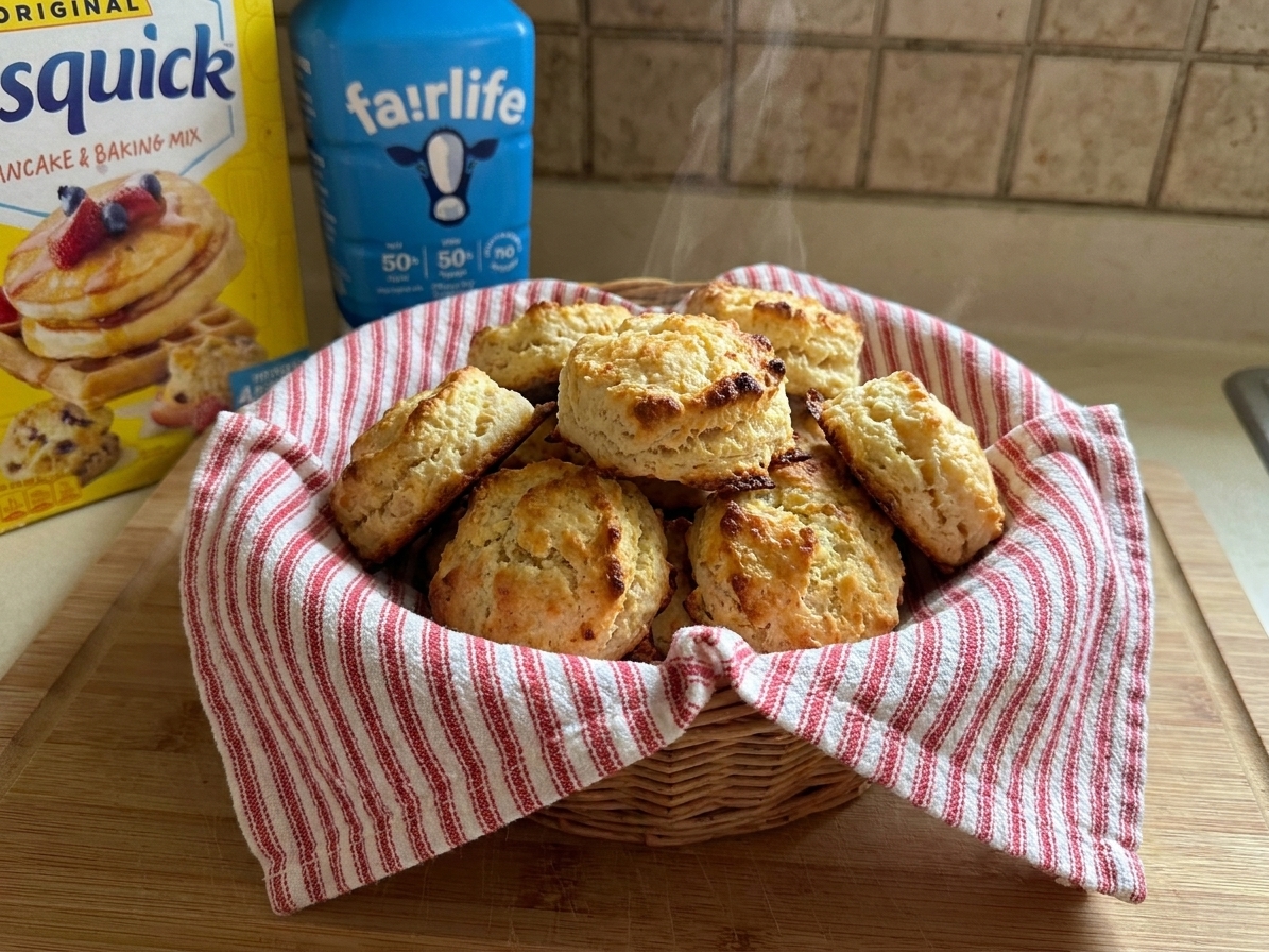 A basket lined with a striped kitchen towel holding warm, golden Bisquick biscuits with crisp edges on a wooden table