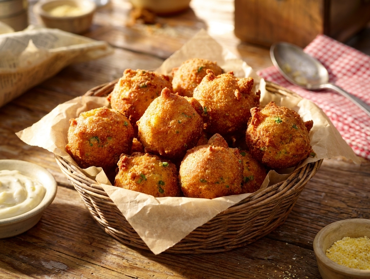 A basket lined with parchment holding freshly fried golden hush puppies with crisp, craggy edges on a wooden kitchen table