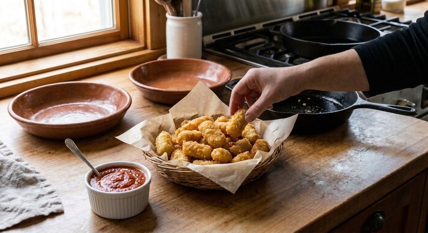 A basket lined with parchment paper filled with golden, crispy fried cheese curds with a small ramekin of marinara sauce on a wooden table