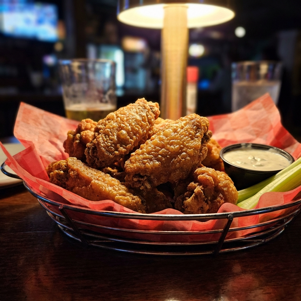 A basket of crispy chicken wings with a golden brown crust