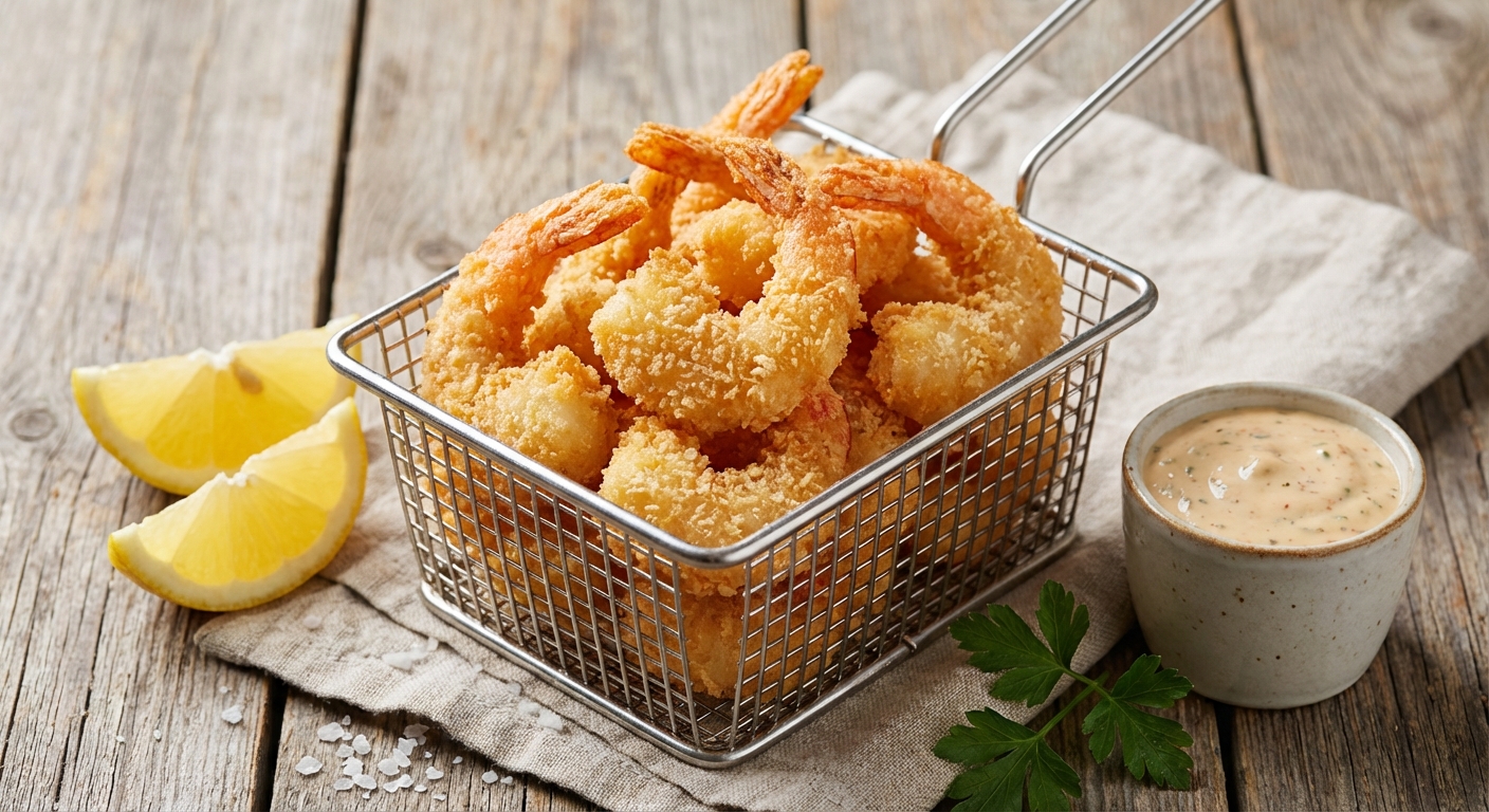 A basket of crispy fried shrimp with a light golden breading, served with lemon wedges and a small cup of dipping sauce, photorealistic food photography