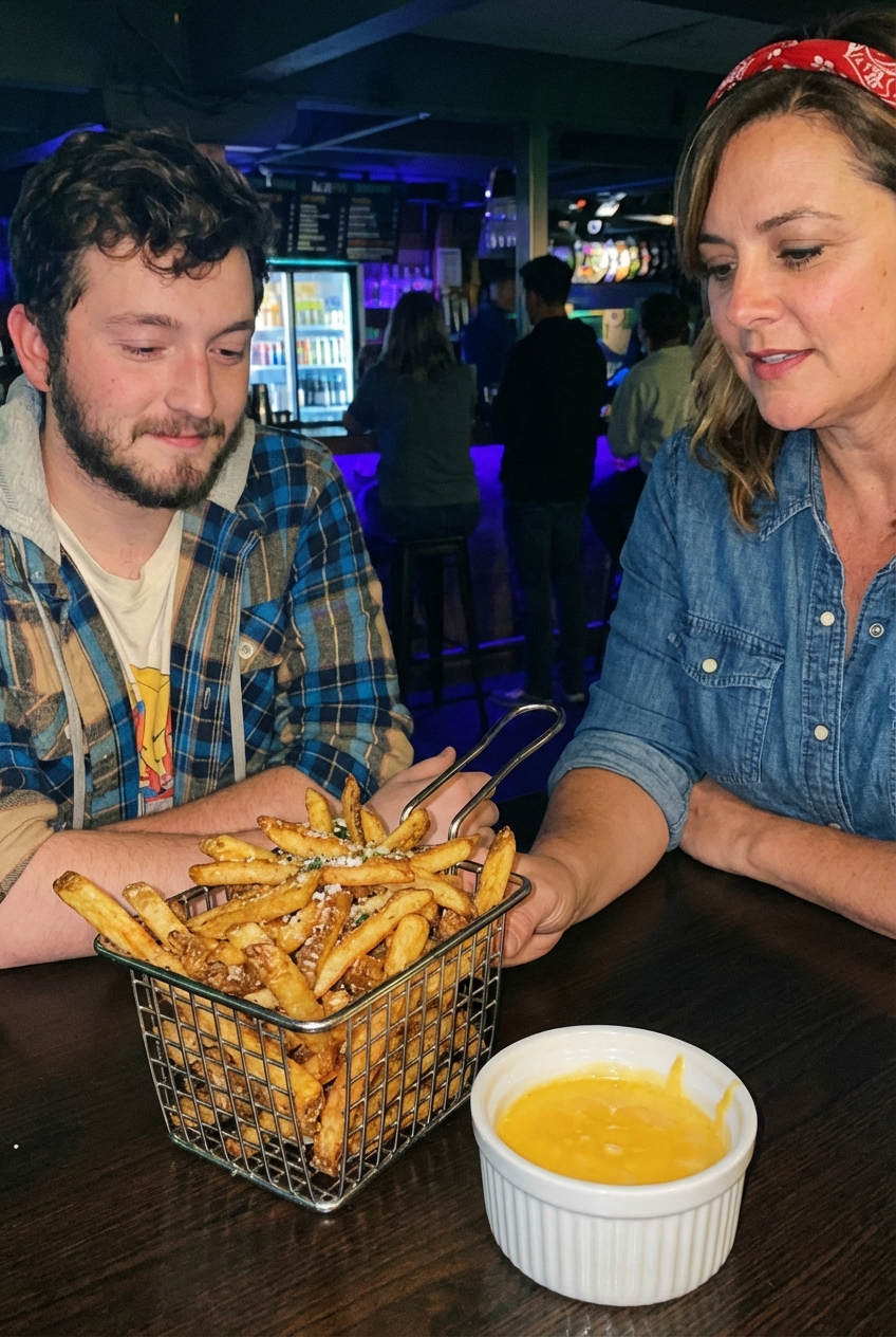A basket of crispy oven fries with a small cup of cheese sauce