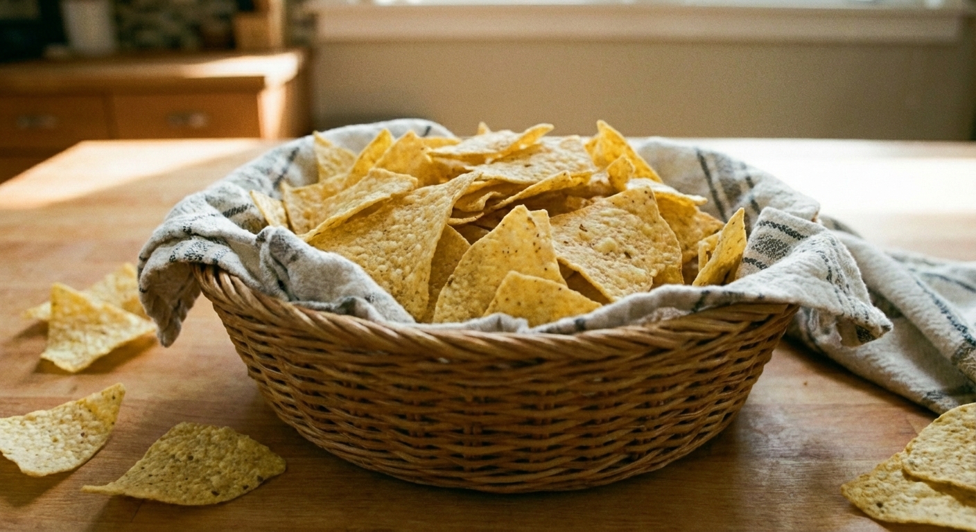 A basket of crispy tortilla chips lined with a napkin on a table