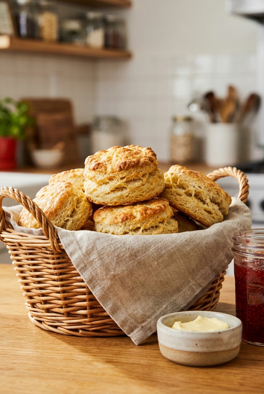 A basket of flaky buttermilk biscuits with golden tops on a linen towel