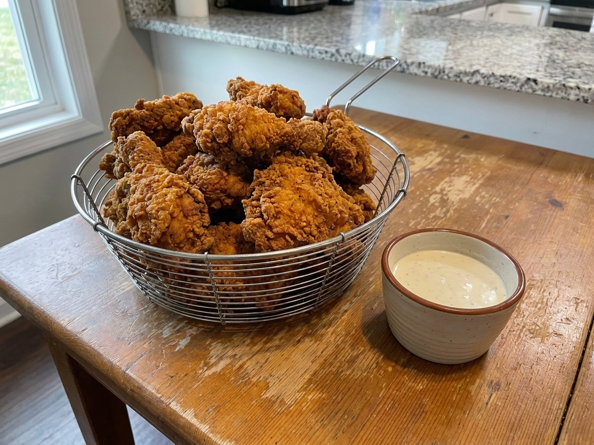 A basket of golden brown, extra crispy fried chicken pieces on a wooden table with a small cup of creamy dipping sauce and a simple diner-style setting