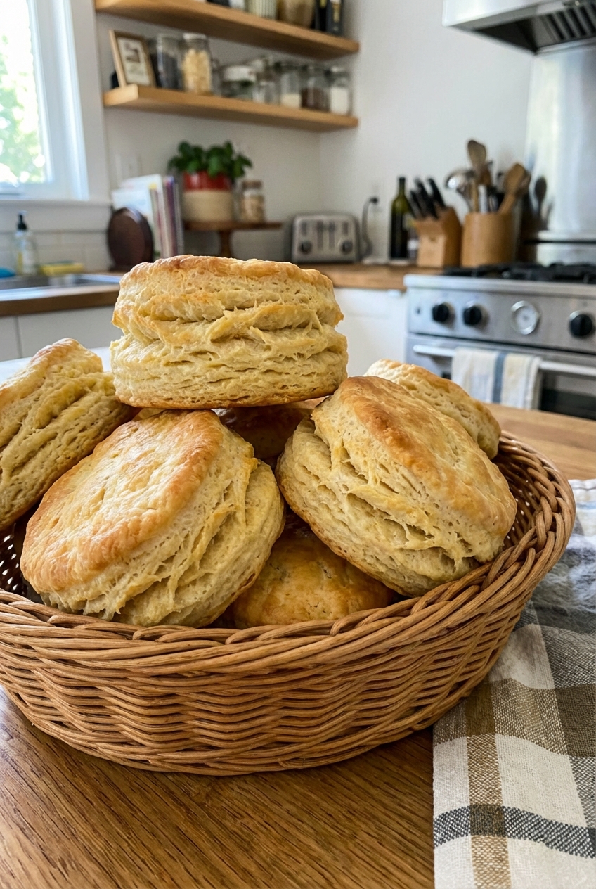 A basket of golden buttermilk biscuits with flaky layers
