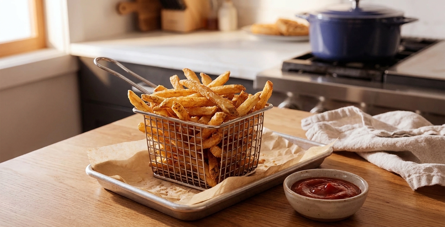 A basket of golden, crispy double-fried French fries on a small parchment-lined tray with a bowl of ketchup on a cozy kitchen table