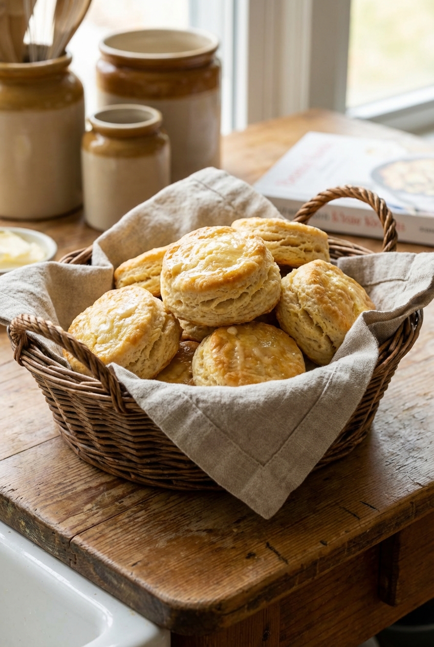 A basket of golden, flaky buttermilk biscuits lined with a linen towel on a wooden kitchen table, with melted butter brushed on top