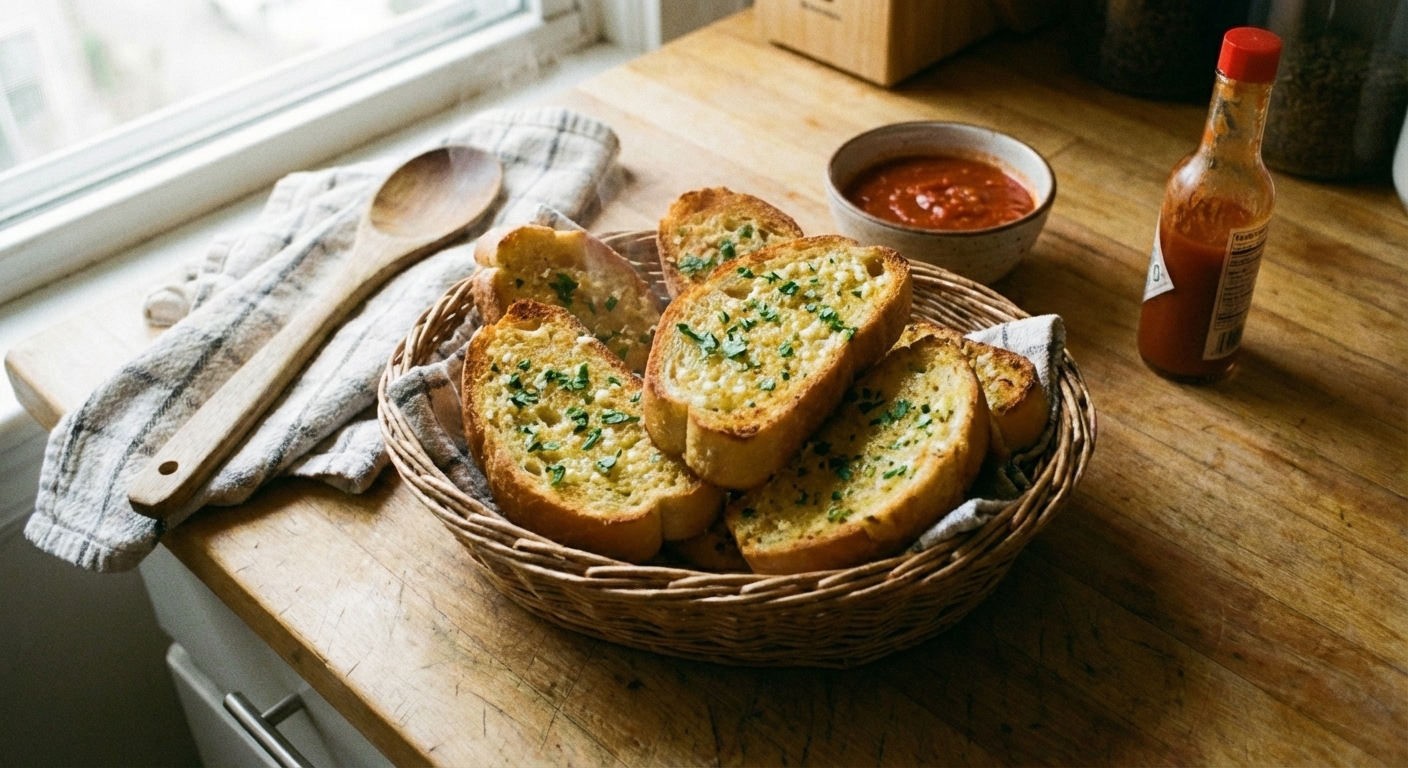 A basket of golden garlic bread slices on a table