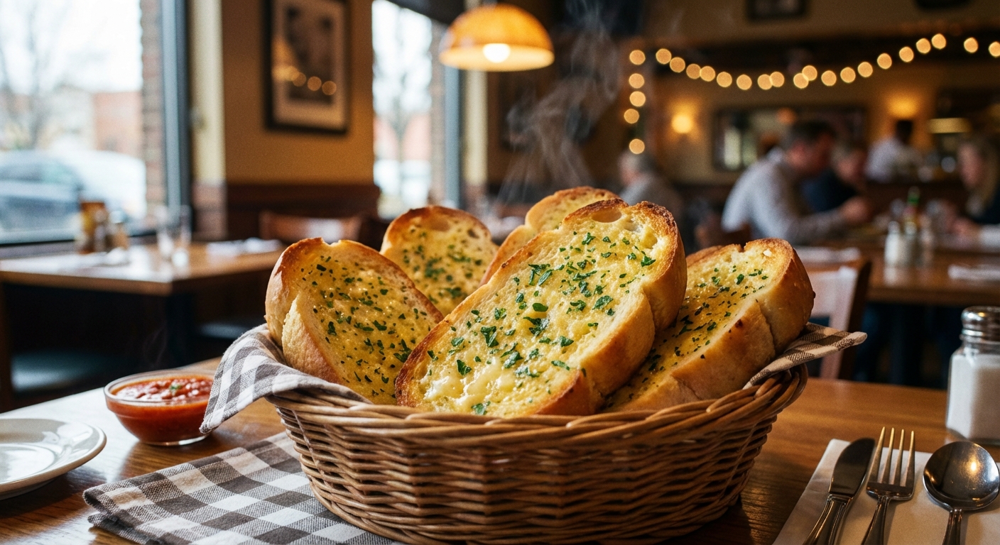 A basket of golden garlic bread slices with melted butter and parsley, photographed on a restaurant table with warm lighting, photorealistic food photography